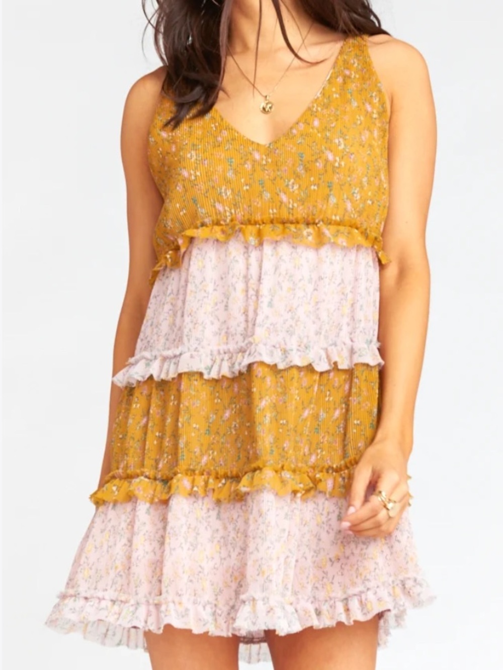 Show Me Your MuMu Mustard & Pale Pink Tiered Floral Mini Dress